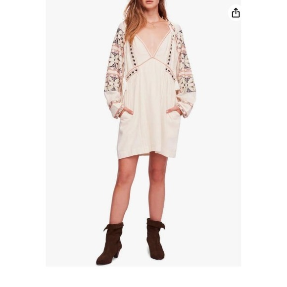 Free People Dresses & Skirts - Free People All My Life Mini Dress Womens Medium Boho Hippie High Low Tie Beige